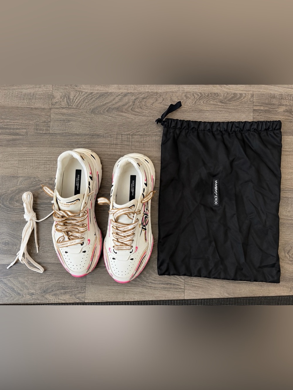 Dolce & Gabbana Cream Sneakers with Pink Accents and Gold Laces
